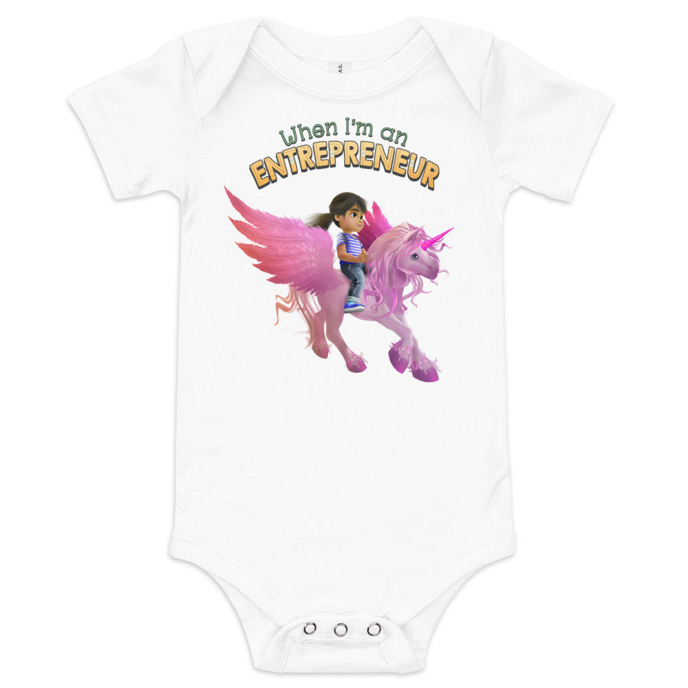 The cutest unicorn baby one-piece bodysuit for the next female entrepreneur, CEO, girl boss.