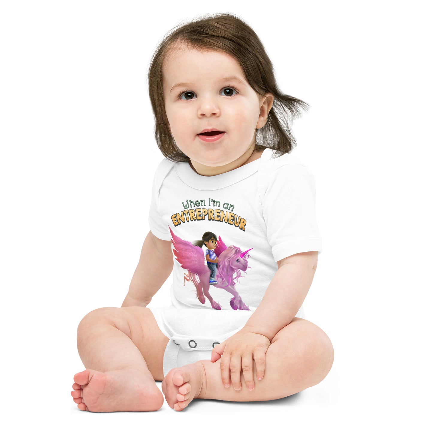 The cutest unicorn baby one-piece bodysuit for the next female entrepreneur, CEO, girl boss.
